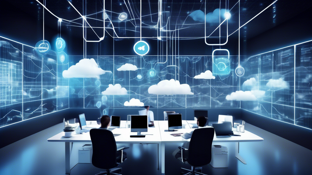 Create an image:

A modern business office setting with a blend of public and private cloud infrastructures floating above it. Visual elements include graphs showing cost savings and efficiency metrics, icons representing data security, flexibility, scalability, load balancing, and disaster recovery. Highlight the hybrid nature by interconnecting the clouds with lines showcasing data flow and organizational benefits, capturing the essence of a dynamic and efficient business environment leveraging hybrid cloud technology.