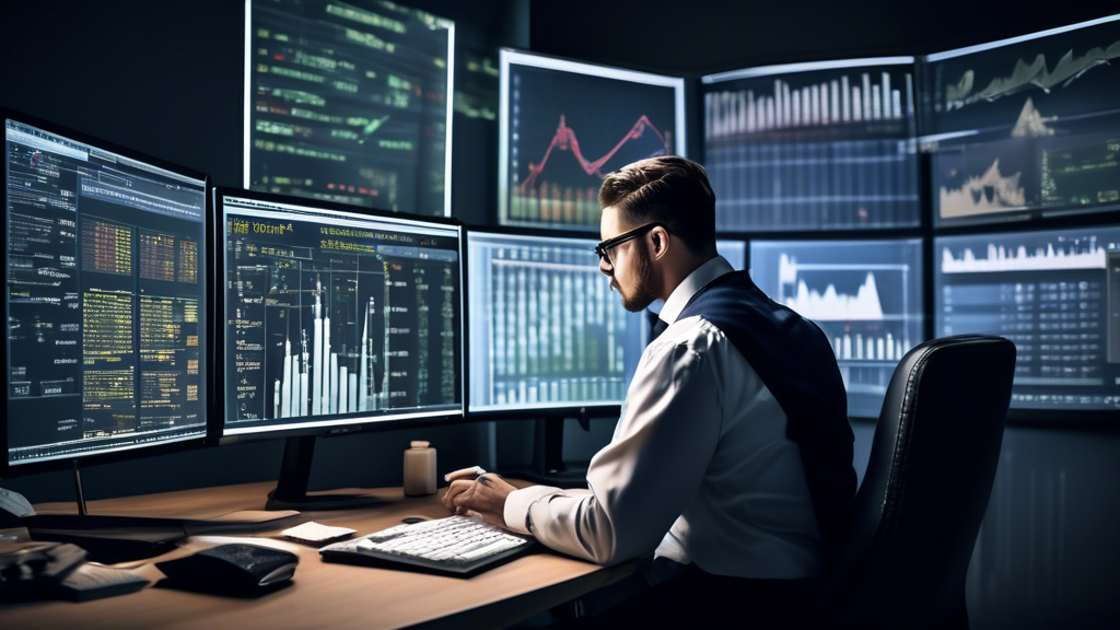 Create an image illustrating a trader calculating Reg T Margin requirements on a computer screen. The screen should display a detailed spreadsheet and complex financial charts. The trader, focused and in professional attire, has financial documents, a calculator, and a pen on the desk. Surrounding the workspace are graphs and charts on the walls, emphasizing the intricate nature of the calculations. The background should include subtle elements like a modern office setting and other traders in the background working diligently.