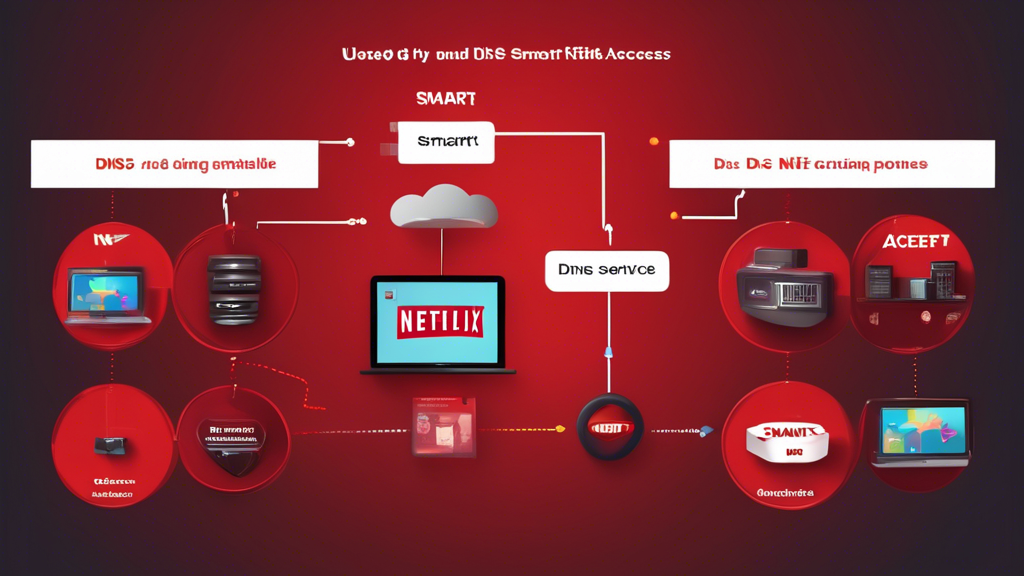 /creation Step-by-Step Guide: Using Smart DNS to Access Netflix
Description: Create an image that visually represents the process of using Smart DNS to access Netflix. The image should include a sequence of three main steps: 1) Choosing a Smart DNS service compatible with Netflix, 2) Configuring the Smart DNS on various devices like a PC, smartphone, and Smart TV, 3) Verifying and activating the Smart DNS connection. The image can employ icons or illustrations of laptops, smartphones, Smart TVs, and a Netflix logo, with arrows or numbered steps to indicate the progression of the process. Use light, user-friendly colors and a clean, modern design to make the steps clear and engaging.
