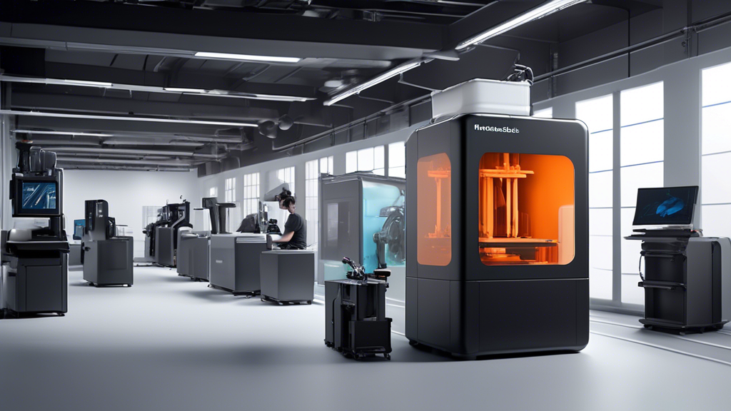 Create an image showing a modern manufacturing environment where Formlabs SLS 3D printers are heavily utilized. Include diverse industries like automotive, healthcare, and aerospace, all benefiting from the use of these advanced printers. Highlight the improved efficiency, accuracy, and cost-effectiveness through various elements such as streamlined production lines, precision-machined parts, and cost analysis charts. Include a few real-life examples showing successful implementation of Formlabs SLS printers in these sectors.