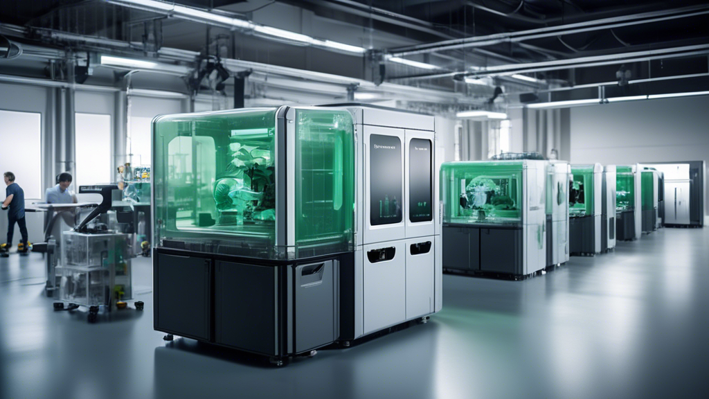 Create an image depicting the future of manufacturing with Formlabs SLS printers. Show a cutting-edge, futuristic factory setting where advanced Formlabs SLS printers are seamlessly integrated into production lines. Illustrate innovation and production enhancements with robots and automated systems working alongside the printers. Include elements suggesting sustainability, such as green energy sources (solar panels, wind turbines) and eco-friendly practices, to highlight the ecological dimension of SLS printing technology.