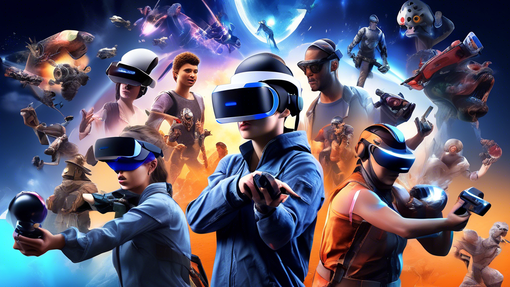 Create a high-quality, detailed image featuring a collage of top PS4 VR games. Include recognizable gameplay scenes and characters from a variety of genres such as action, adventure, horror, and simulation. The characters should be dynamically posed to highlight the excitement and immersion of VR gaming. The background should convey a futuristic, virtual world atmosphere, emphasizing the cutting-edge technology of PS4 VR.