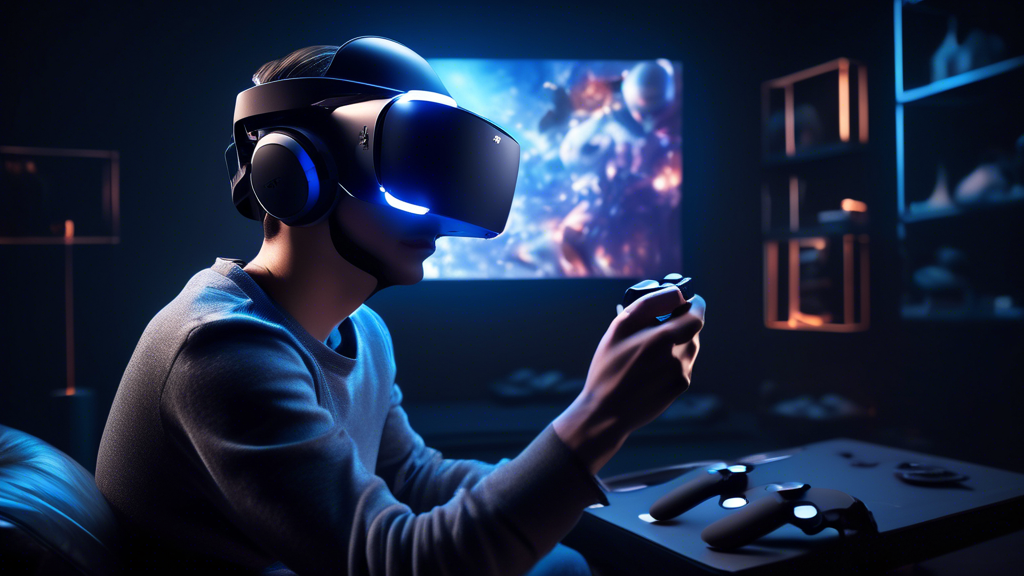 Create an image of a person comfortably immersed in a virtual reality experience using a PS4 VR headset. The scene should show the user in a cozy and ergonomic setting, featuring a well-organized gaming setup. Surround the user with faint, holographic visuals and elements from various games, showcasing the transformative and immersive gaming experiences provided by PS4 VR. Include subtle cues of online community engagement, like chat notifications or avatars, to emphasize community feedback and user experiences.