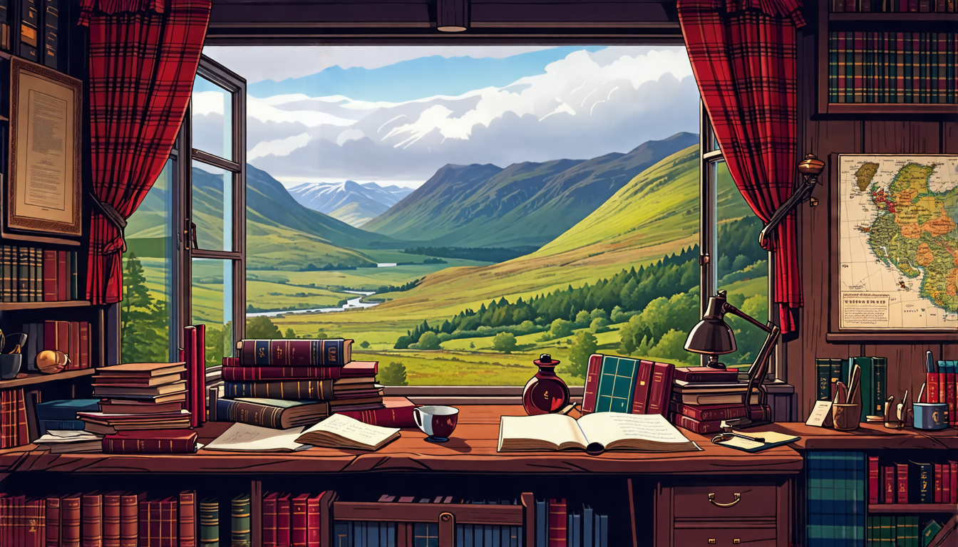 Create an image that captures a Highland screenwriter at work: a cozy writer’s room in a traditional Scottish cottage. The writer is surrounded by books and notes, with a view of the misty, rugged landscape of the Scottish Highlands outside the window. Include subtle details like Scottish tartan patterns, historical artifacts, and a map of Scotland on the wall. This setting evokes a deep sense of place and culture, integral to crafting authentic Highland characters for film.