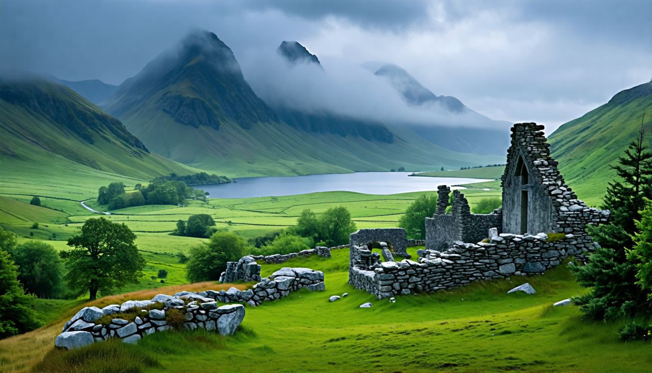 Create an image that captures the essence of Setting the Scene: Evoking the Scottish Highlands in Your Screenplay from the concept of highland screenwriting. The scene should display a dramatic Highland landscape with rolling green hills, mist-covered mountains, and a loch reflecting the sky. Include elements like ancient stone ruins or a mystical forest to evoke local myths and legends. The environment should feel atmospheric, almost otherworldly, to highlight its role in enhancing the narrative and mood.