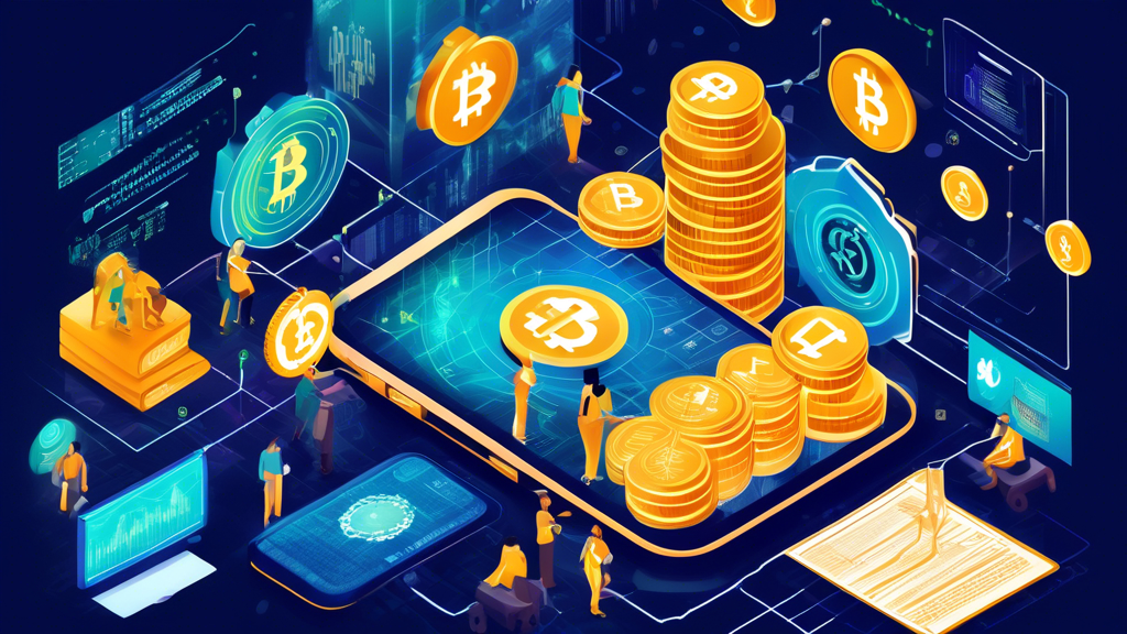 Create an image depicting the key drivers behind cryptocurrency adoption in the US finance sector. Show a vibrant scene with elements representing technological advancements like blockchain codes and smartphones, societal trends with people using digital wallets, and a backdrop of governmental and regulatory symbols such as the US Capitol building and legal documents. Highlight the fusion of traditional banking icons, like dollar bills and vaults, with cryptocurrency symbols such as Bitcoin and Ethereum logos.