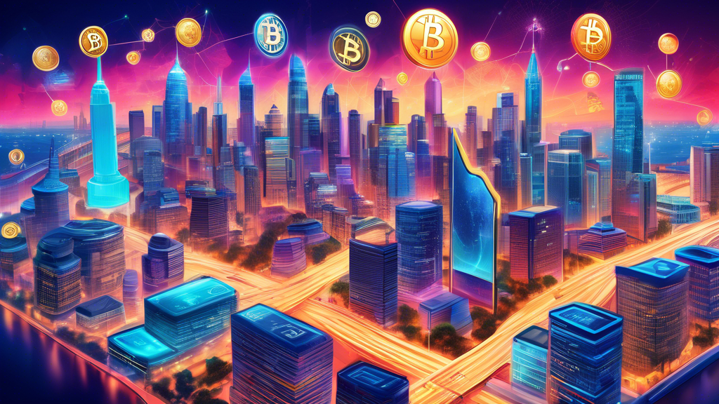 Create an artistic image depicting the future of cryptocurrency in US finance. Illustrate a vibrant, futuristic city skyline with key US landmarks, intertwined with digital elements symbolizing cryptocurrency, such as bitcoin symbols and blockchain icons. The city should exhibit a seamless blend of traditional financial institutions and modern technological innovations, highlighting the potential integration of cryptocurrency into mainstream finance. Include representations of potential challenges and barriers, like regulatory shields and digital locks, and show government and financial institutions evolving alongside these advancements.