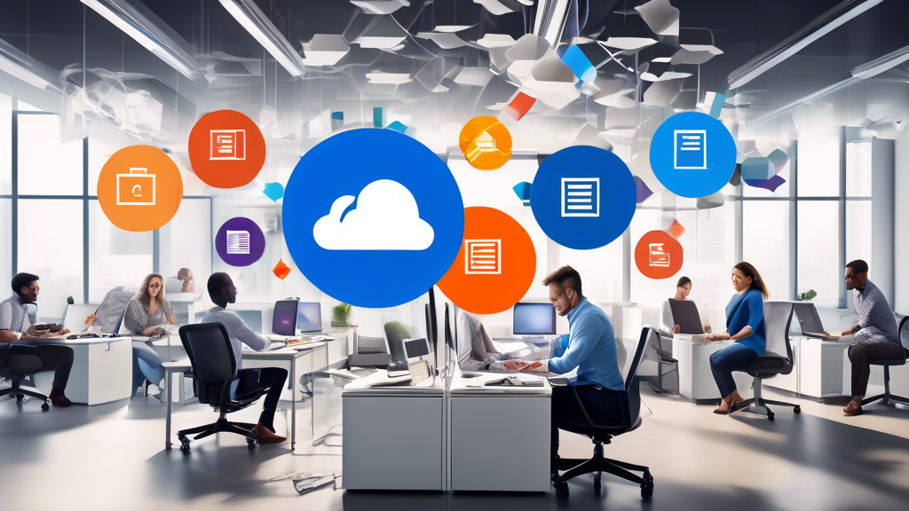 Create an image that showcases a modern office setting where employees are efficiently managing and organizing digital documents using OneDrive for Business. Depict a scenario where employees are collaborating and sharing files on their screens, with visual cues highlighting synchronization options and offline access. Integrate elements like laptops, tablets, and smartphones showing the OneDrive interface, emphasizing seamless teamwork and effective document management.