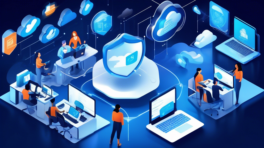 Create an image displaying a futuristic office with a diverse team of professionals collaborating seamlessly using OneDrive for Business on various devices (laptops, tablets, smartphones). The background includes digital security icons like shields and padlocks, symbolizing data protection and compliance. Add visuals of data being backed up to the cloud and a holographic interface showing regular software updates, emphasizing the theme of security and innovation.