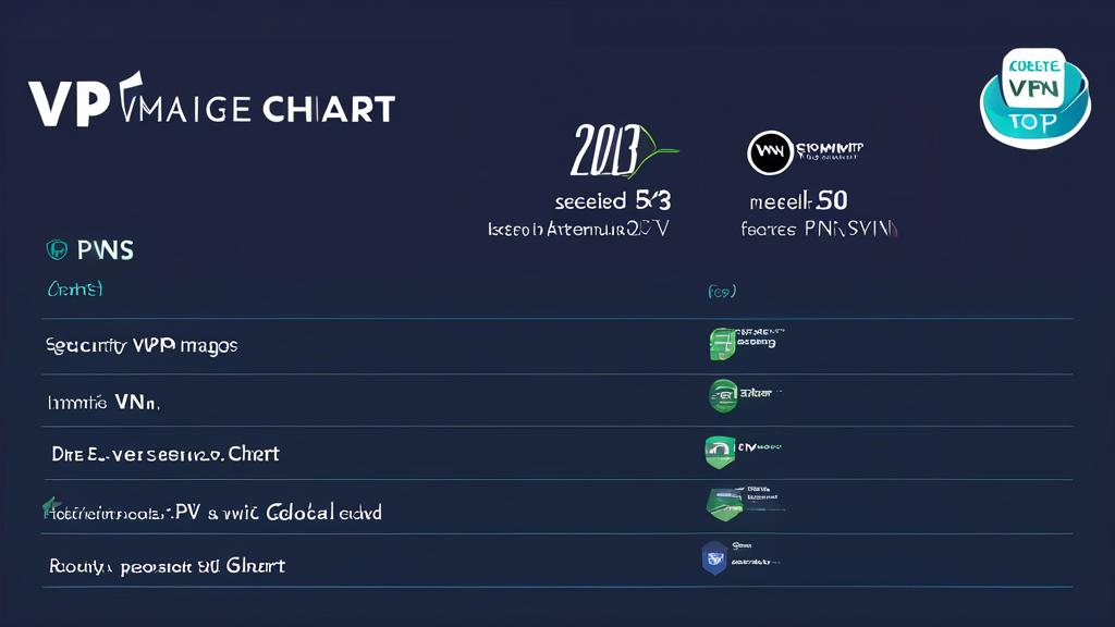 DALL-E prompt: Create an image of a dynamic comparison chart featuring the top 5 VPNs with Smart DNS available on the market in 2023. The chart should include sections for each VPN, listing their features, pricing, and user ratings. The background could show symbols representing security, speed, and global access to highlight the benefits of these VPN services. Incorporate clean, modern design elements, and make sure the text and visuals are easy to read and visually engaging.