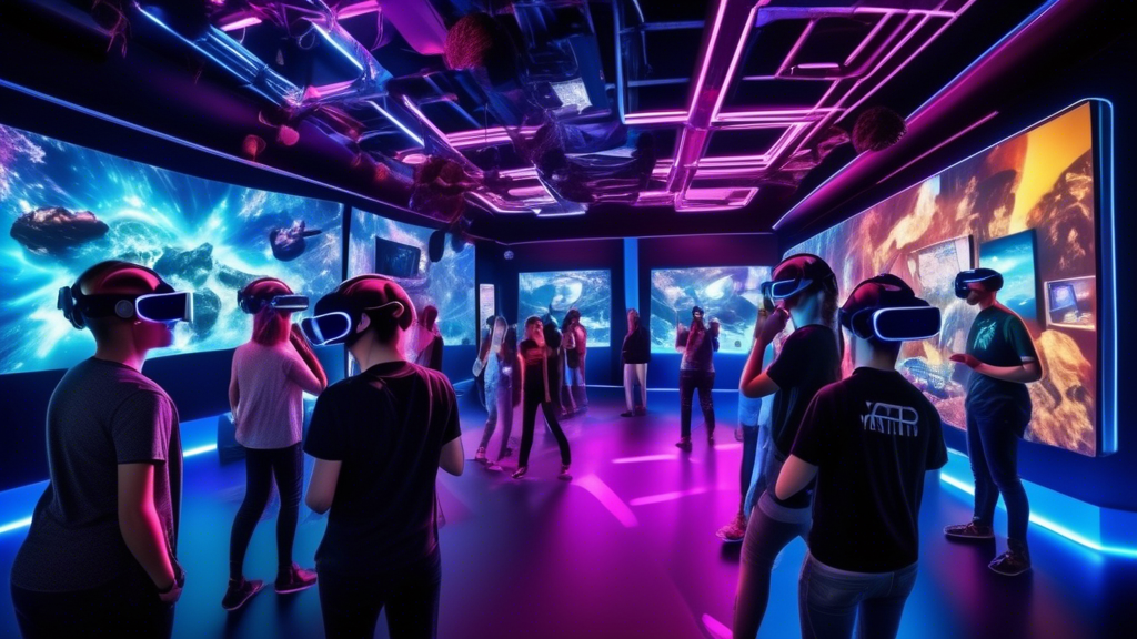 A bustling, futuristic virtual reality arcade filled with visitors wearing VR headsets, fully immersed in different thrilling experiences. Some are navigating through a VR escape room, others are enjoying interactive virtual worlds and intense gaming sessions. The setting includes advanced VR equipment, vibrant digital displays, and a friendly staff assisting eager participants. In the backdrop, signs and posters highlight top-rated VR attractions and local reviews, creating an exciting and inviting atmosphere.