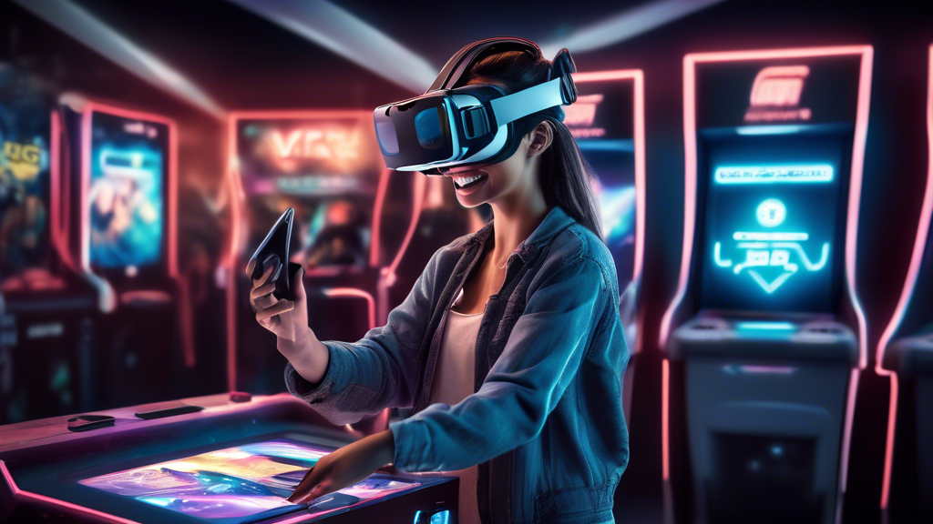 Create an image of a person getting ready for a Virtual Reality experience at a VR arcade, with detailed environment showing a checklist in their hand, price list on a board, and posters of various VR experiences in the background. The person looks excited and prepared, reflecting practical tips and anticipation for their upcoming VR adventure near me.