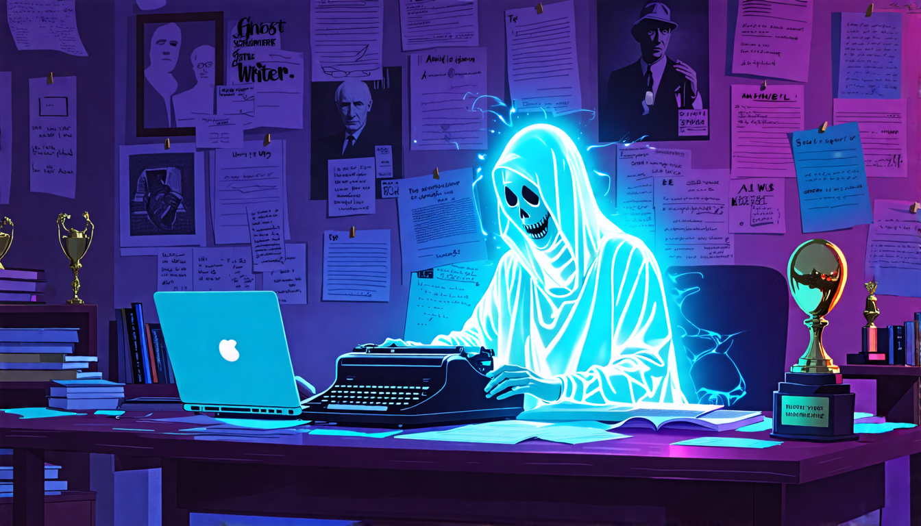 Create an image portraying a ghost screenwriter in a dimly lit room, filled with scattered papers, a typewriter, and a laptop. The room should have a large bulletin board with various pinned notes and scripts. The ghost screenwriter, depicted as a semi-transparent, ethereal figure, sits at the desk typing away, surrounded by faintly glowing film posters and award trophies. The background should include shadowy outlines of famous directors and writers, emphasizing the invisible yet critical role of the ghost screenwriter. The overall mood should be a blend of mystery and diligence.