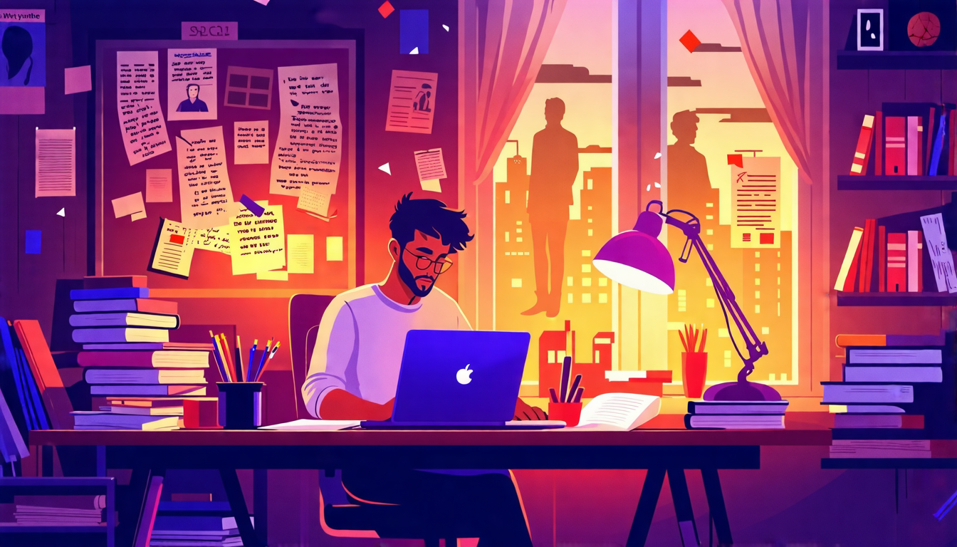 Create an image of an aspiring ghost screenwriter sitting at a cluttered desk, surrounded by books and notes, in a dimly lit room. They are typing on a laptop, with a board in the background full of networking connections, film scripts, and motivational quotes. Light from a window hints at the bustling film industry outside, with shadows of movie posters and directors, symbolizing the networking and opportunities they are trying to tap into. Include a subtle background element such as a collage of success stories and advising quotes from established ghost screenwriters.
