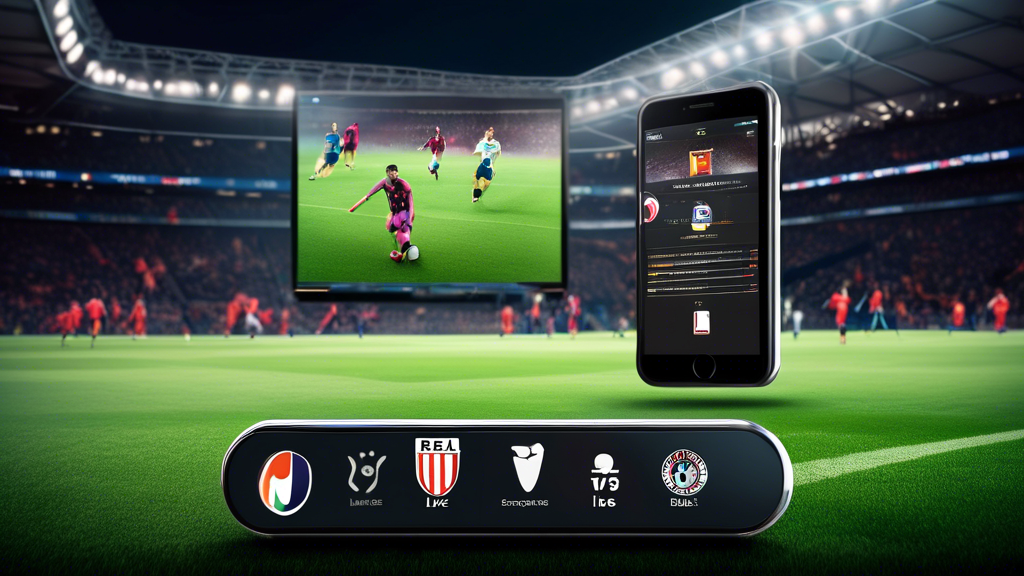 Create an image showcasing the key features of One Football Live that make it stand out: real-time coverage with instant notifications, and a user-friendly interface accessible on multiple platforms. The image should depict a variety of devices like smartphones, tablets, and laptops, all displaying live football matches with real-time updates and a clearly intuitive interface. Include vibrant and dynamic elements to emphasize the instant and energetic nature of sports streaming.