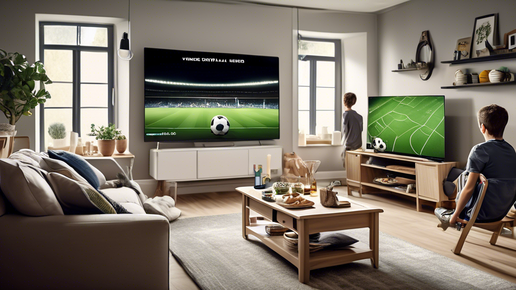 Create an image that illustrates a dynamic living room scene where a family is setting up their TV and mobile devices to watch a live football match via One Football Live. The scene should capture the moment they are customizing their viewing settings and optimizing their devices for the best streaming experience. Include elements that show a detailed user interface on the screen, such as settings menus, match statistics, and notification options. The environment should be filled with energy, excitement, and state-of-the-art technology, reflecting the ultimate setup for enjoying favorite sports events.