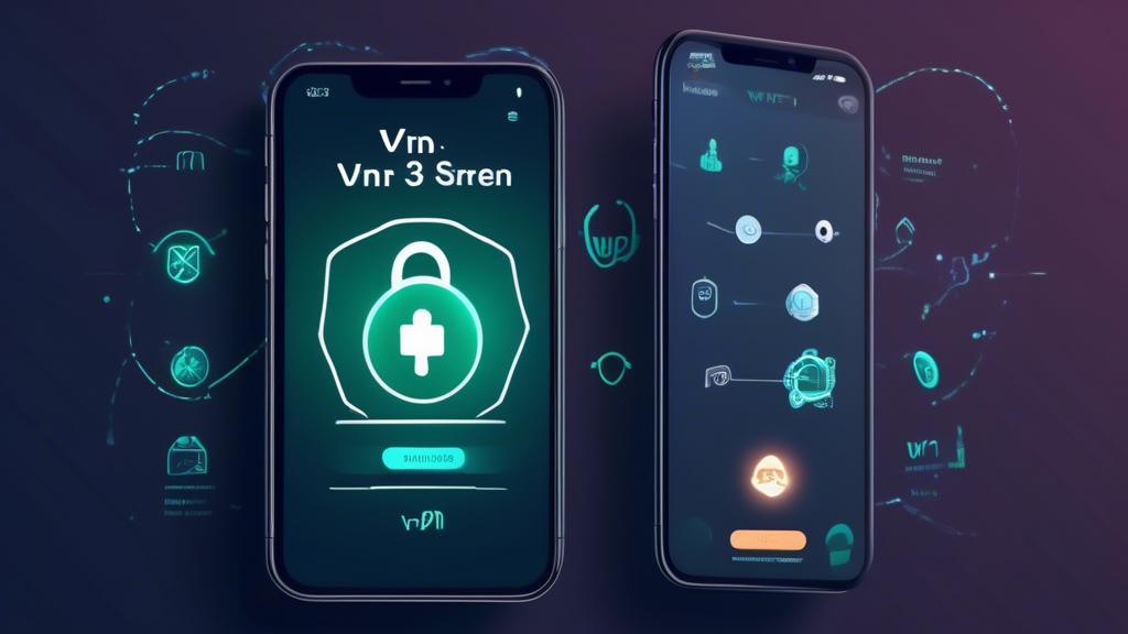 Create an image of an iPhone screen showing the home screen with icons for three different free VPN apps (labeled as VPN Name 1, VPN Name 2, and VPN Name 3). The iPhone should be placed against a backdrop that highlights the themes of security and freedom, such as a glowing shield or a padlock combined with a Wi-Fi symbol. Include subtle text overlays that mention No Subscription Needed and Top Free VPNs for iPhone to emphasize the focus of the image.