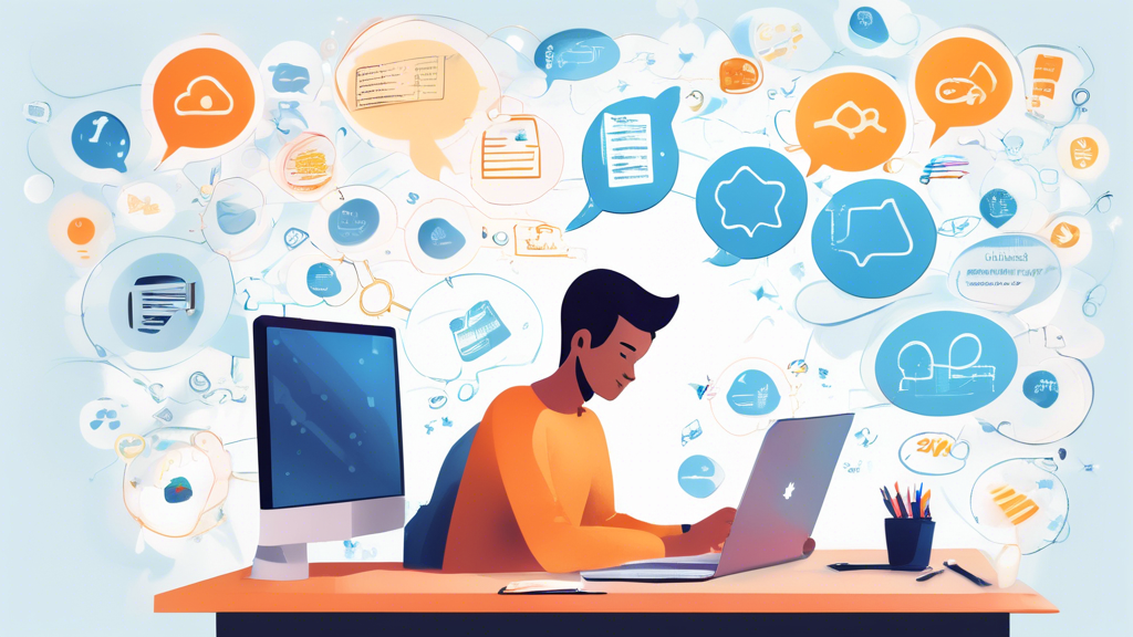 An individual sitting at a desk with a laptop, pen and notepad, surrounded by thought bubbles containing checklists, price tags, star ratings, and reviews. The background includes icons representing different features of Smart DNS Proxy services, such as global server locations, speed boosts, and secure connections. The overall scene should indicate the process of evaluating and comparing Smart DNS Proxy options to find the best value for money.