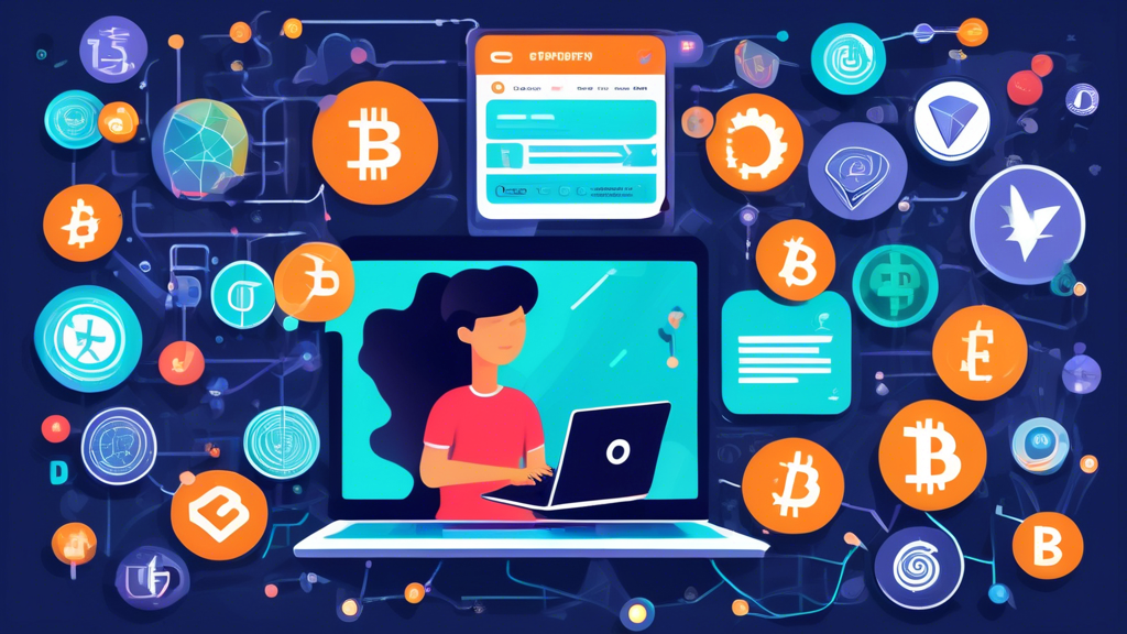 Create an image that illustrates a person enthusiastically using a laptop, surrounded by various symbols of cryptocurrencies like Bitcoin, Ethereum, and more. The laptop screen displays a popular social media or community forum interface, with notifications and posts about the latest promotions and airdrops. A sidebar is filled with headlines from trusted crypto news sources. The background includes icons representing security measures (like padlocks and shield symbols) to emphasize safeguarding earnings and avoiding scams. The overall theme should convey excitement and vigilance in earning free crypto instantly with no deposit required.