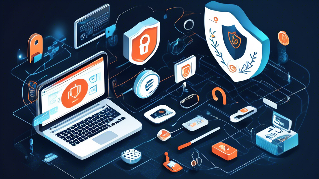 Create a detailed and visually appealing image that showcases various tools and technologies used to enhance online security. Elements to include are icons or illustrations of a VPN securing an internet connection, a password manager efficiently storing and managing passwords, and encryption tools protecting sensitive data. The background should suggest a digital environment, with interconnected lines and secure locks symbolizing protected data. The overall aesthetic should convey a sense of safety and advanced technology in the context of protecting personal information online.