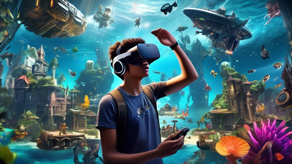 Create a vivid scene showcasing the exhilarating, immersive experience of playing a popular game using the Oculus VR headset. Include people of different ages and backgrounds fully engrossed in diverse gaming environments—one person could be navigating a fantasy world, another piloting a spaceship, and someone else exploring an underwater realm. Show their expressions of excitement and amazement, with the high-quality graphics of the Oculus headset bringing these virtual worlds to life around them. Incorporate futuristic elements to hint at the future trends and developments in VR gaming.