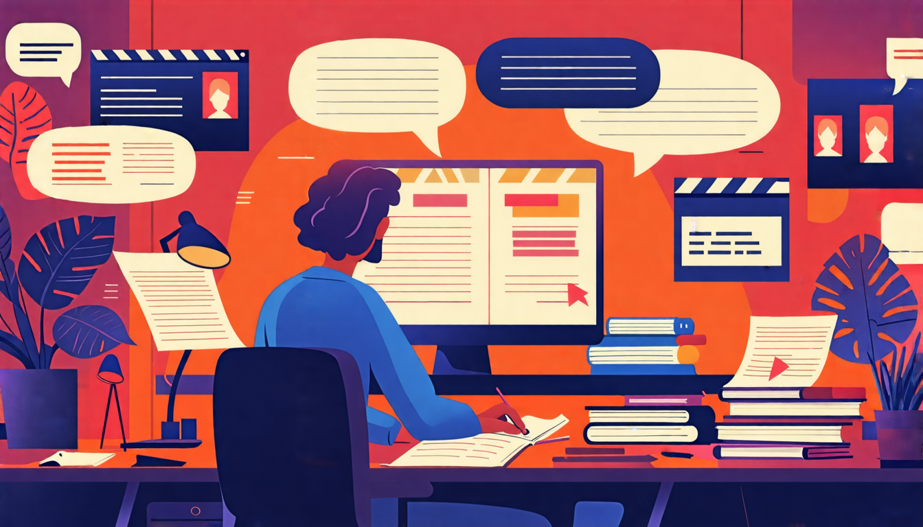 Create an image that depicts a writer in a cozy, sophisticated workspace, surrounded by stacks of scripts, books, and notes. They are deeply focused on their computer screen, where a script is displayed. Nearby, we see dialogue bubbles filled with dynamic and engaging character lines, illustrating the process of honing memorable dialogues. Additionally, small visual cues show snippets of subplots being intricately woven into the main storyline. The background features inspirational movie posters and clapperboards to emphasize the screenwriting theme. **Keyword: advanced screenwriting help.**
