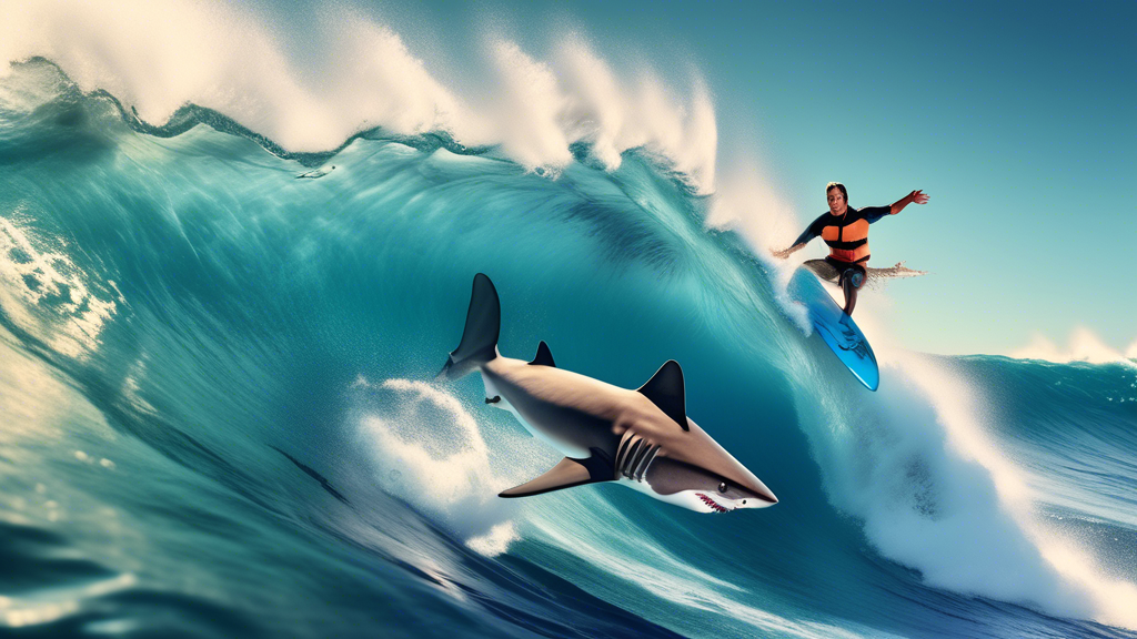 A vivid and action-oriented image showing a surfer riding a wave with a shark swimming nearby. The scene exudes a sense of adventure and caution simultaneously, signifying the challenges and thrills of surfing with sharks. The surfer is equipped with all necessary safety gear including a leash, safety vest, and shark deterrent device on the surfboard. In the background, informational signs on the beach detail safety tips and precautions for surfing in shark-infested waters. The image should have an awe-inspiring yet slightly tense atmosphere, capturing the essence of balancing thrill and safety.