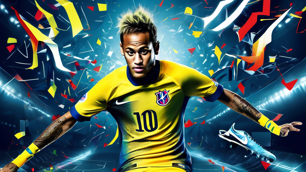 Create an image that showcases the collaboration between Nike and Neymar focusing on innovation and marketing. Picture Neymar wearing iconic Nike football gear, including specially designed cleats, apparel, and accessories. Highlight a combination of vibrant advertising campaigns and breakthrough sports technology. The background should include elements of a football pitch and dynamic advertising boards displaying Nike and Neymar branding with a futuristic twist to showcase the technological advancements.