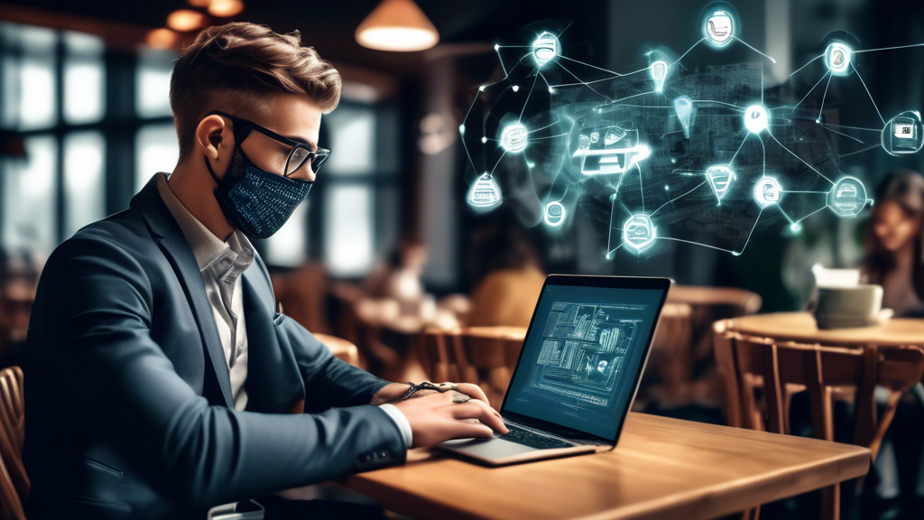 Create an image of a young professional using a laptop in a public café setting, with visual elements highlighting enhanced security measures due to the use of a VPN. The scene should emphasize encrypted data transmission, anonymity through hidden IP addresses, and consistent internet speed despite online activities. Include icons or representations of data encryption, anonymous identity, and unrestricted bandwidth subtly integrated in the background to convey these concepts.