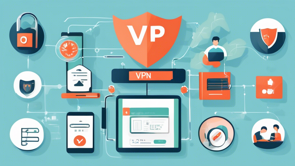 Generate an image that guides users on how to set up and use a VPN. The composition should feature a series of easy-to-follow steps for selecting a VPN provider, installing the software on various devices (like a desktop, smartphone, and tablet), and configuring the settings for optimal security and performance. Include visual elements like checklists, icons representing security (like a lock or shield), and clear step-by-step instructions, all set against a modern, tech-themed background.