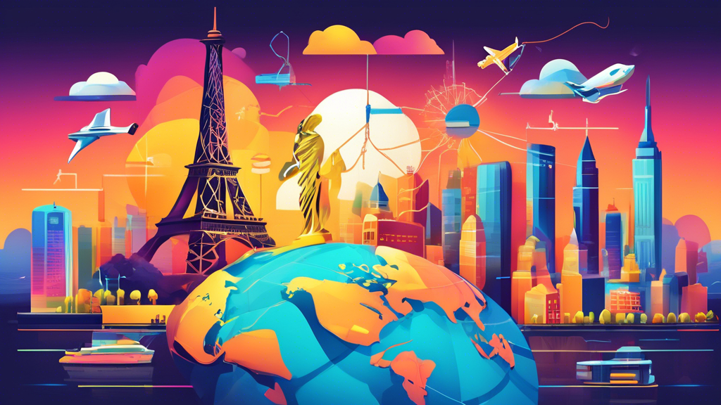 Create a vibrant and dynamic illustration showcasing the advantages of using CyberGhost Smart DNS to access geographically restricted content. The scene should include various electronic devices such as a PC, smartphone, and tablet, each displaying content from different parts of the world, like movies, sports events, or news websites. Incorporate global landmarks like the Eiffel Tower, Statue of Liberty, and Sydney Opera House, symbolizing unrestricted access to worldwide content. Make sure to include happy and satisfied users engaging with their devices, emphasizing a seamless, borderless internet experience. Highlight the CyberGhost Smart DNS logo subtly within the design.