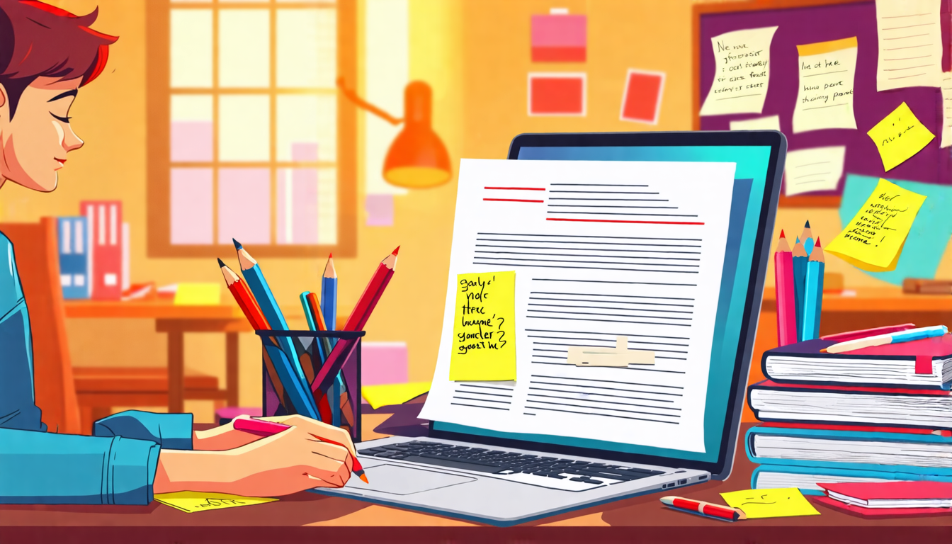 An image of a scriptwriter sitting at their cluttered desk, meticulously revising a film script. They have various editing tools like colored pens, sticky notes with feedback, and a laptop open displaying scriptwriting software. An organized stack of freshly formatted script pages sits to the side, emphasizing the importance of formatting and consistency. The room is warmly lit, filled with creative energy, and a bulletin board in the background features pinned notes and outlines.
