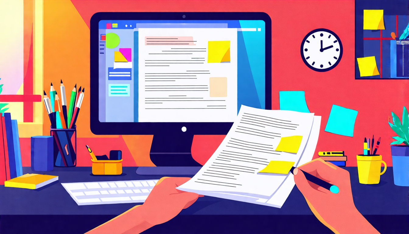 Create an image depicting a focused writer in a cozy, modern home office, surrounded by tools and technology designed for script writing. The scene should include a high-tech computer displaying scriptwriting software, a clock showcasing effective time management, sticky notes with feedback, and an individual carefully proofreading a printed script. The atmosphere should convey concentration and the final steps of the creative process in mastering the art of the final draft.