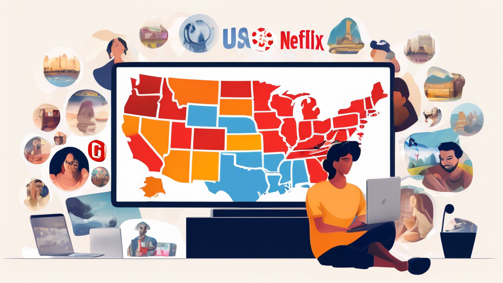 Prompt: An individual comfortably sitting at home in the USA, enjoying a variety of streaming services like Netflix and Disney+ on multiple devices. A subtle overlay of a VPN application showing different country options and the USA selected, highlighting the unlimited access to geo-restricted content. The background could include popular movie and TV show posters from these streaming platforms. Emphasize a seamless and unrestricted entertainment experience.