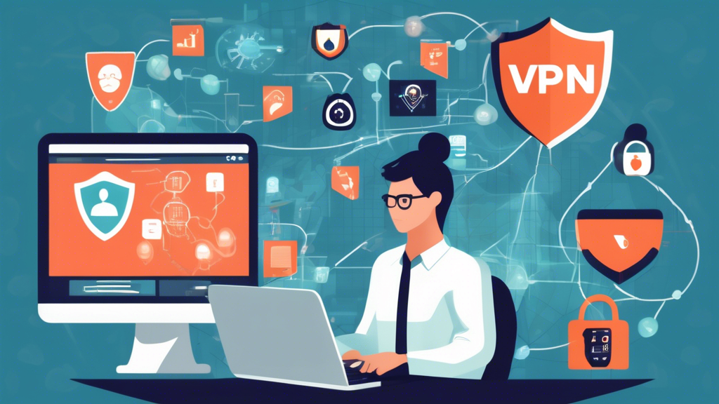 Create an image depicting the concept of online anonymity and privacy protection using a VPN in the USA. Show a person using a laptop or smartphone with an interface that displays a connected VPN and a hidden IP address. Surround them with visual elements that represent data encryption, like padlocks and shields, alongside icons indicating protection against surveillance and advertisements. In the background, subtly include elements like the American flag or landmarks to emphasize the USA context.