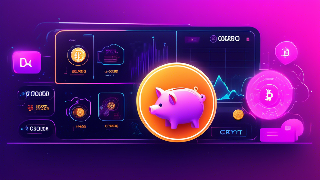 Create an image showcasing a futuristic, user-friendly digital dashboard from Financial Piggy, detailing how to start saving with crypto. The interface should highlight deposit methods, interest calculations, and easy withdrawal procedures, with vibrant graphics and security icons to emphasize safety protocols. The background can subtly incorporate piggy bank elements combined with modern cryptocurrency symbols like Bitcoin and Ethereum to symbolize both tradition and innovation in savings.
