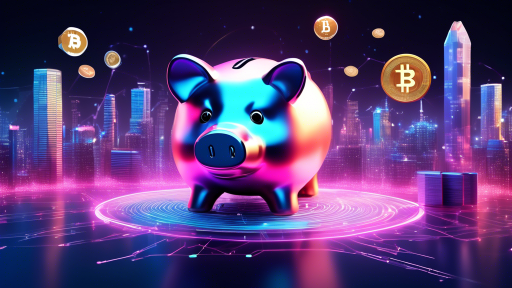 Create an image that depicts the future of crypto savings with Financial Piggy. The scene should include a futuristic digital cityscape with holographic financial data displays in the background. In the foreground, there