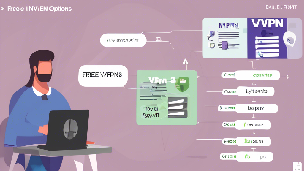 DALL-E prompt: Create an image that illustrates the process of evaluating free VPN options in 2023. The scene should include a person comparing different free VPN services on a computer screen, highlighting the pros and cons next to each VPN option. The background should subtly include safety tips, like a checklist of key points, indicating how to choose a secure and trustworthy free VPN. Ensure the image conveys a balance of advantages and potential risks using vibrant, but clear and organized, design elements.