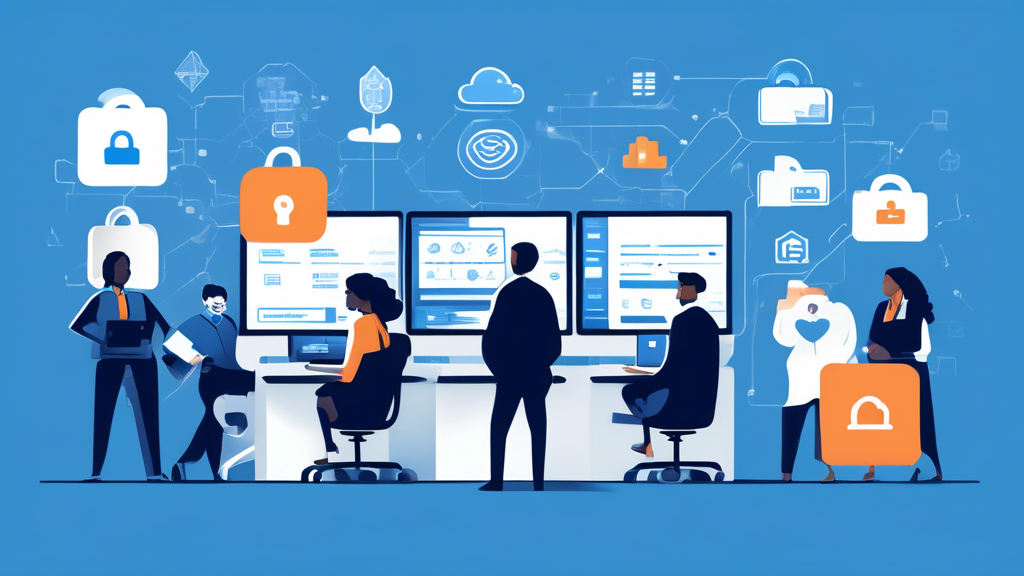 Create an image showing a secure office environment where people work on their computers with confidence. Display Dropbox Business logos on the screens, emphasizing robust data security and privacy. Include visual elements like encryption icons, security badges, and compliance checkmarks to highlight advanced encryption, access controls, compliance with international standards, and data protection measures against cyberattacks.