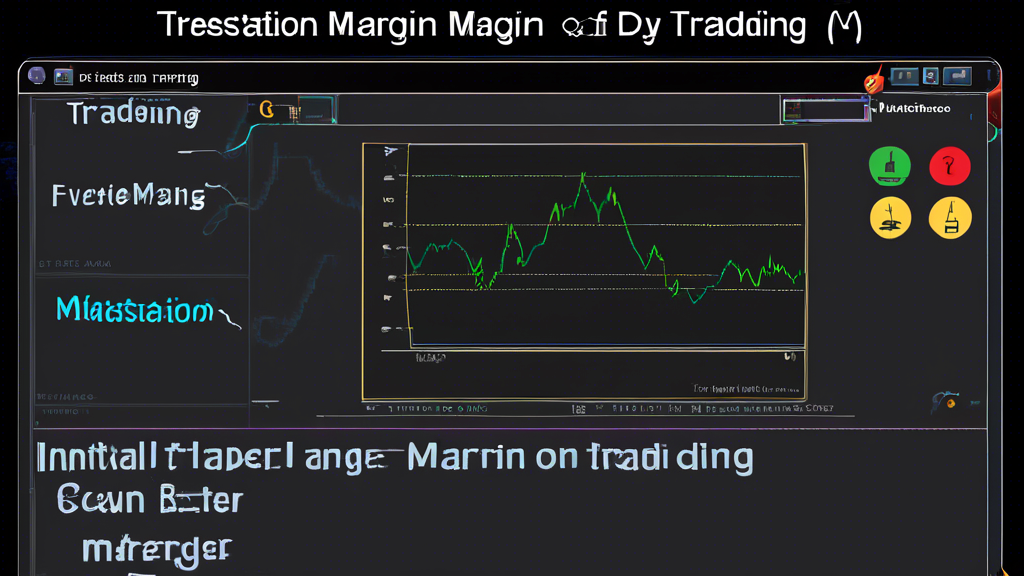 Create an image illustrating the three types of futures margin on TradeStation: Initial Margin, Maintenance Margin, and Day Trading Margin. The image should depict a trader at a desk with TradeStation charts on the screen, and three separate labels or icons representing each margin type. The Initial Margin can be shown as a bar or level gauge, the Maintenance Margin as a warning or alert symbol, and the Day Trading Margin as a clock or timer. Use clear visual cues to differentiate each type and emphasize their significance in the trading process.