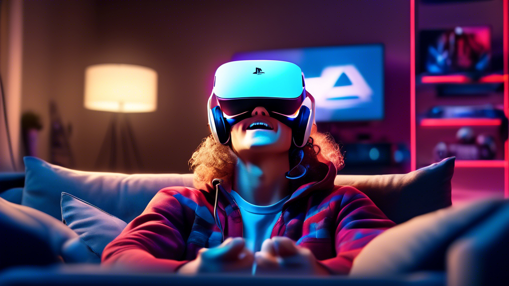 Create an image of a gamer sitting on a modern couch in a living room, wearing the new PS5 VR headset. The gamer should look fully immersed and excited, with vibrant gameplay graphics reflecting in the room to depict an engaging and advanced gaming environment. Show various PS5 games and applications being accessible and seamlessly compatible with the headset, highlighting a powerful gaming experience. Make sure the PS5 console is visible in the background for easy recognition.