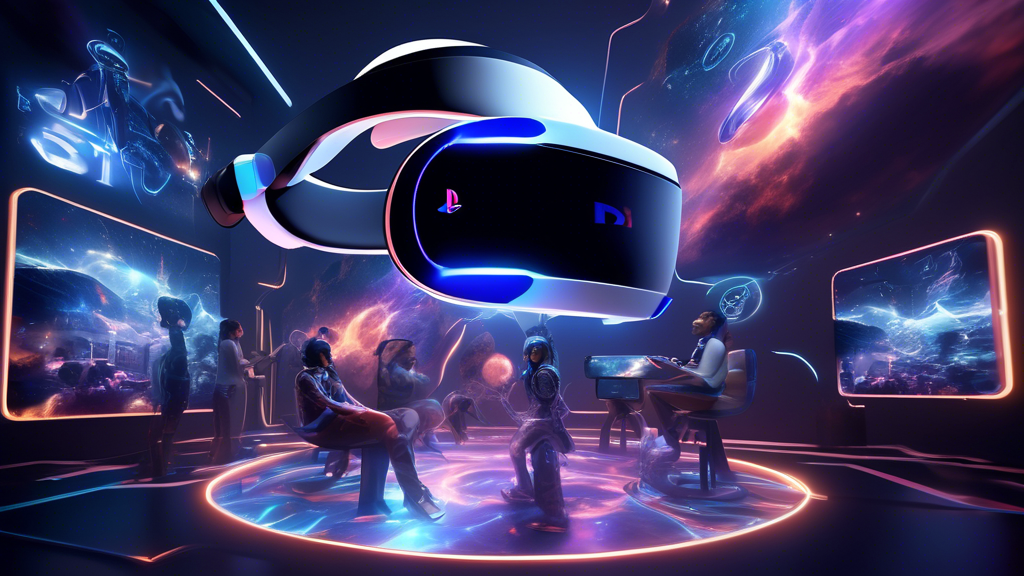 A DALL-E prompt for an image that relates to the third point of the outline about future perspectives and developments for the PS5 VR headset could be:

Create a futuristic scene that illustrates the future of gaming with a highly advanced PS5 VR headset. Include holographic displays, augmented reality elements, and gamers using the VR headset in an immersive virtual world. Show technological advancements and possible extensions that hint at next-gen capabilities and trends. The overall vibe should be forward-looking and innovative.