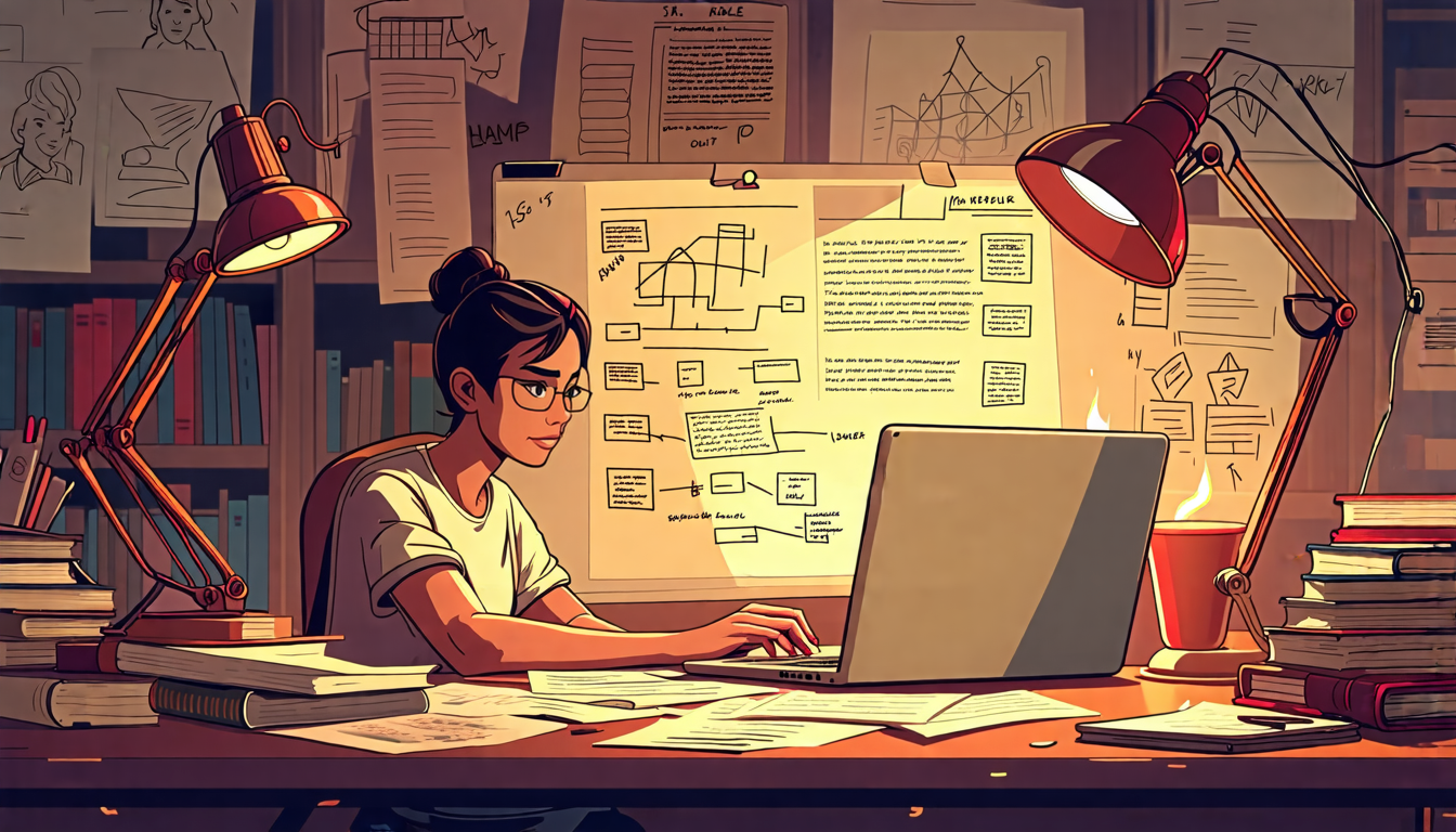 DALL-E Prompt: An image of a writer sitting at a desk, illuminated by a desk lamp, meticulously crafting a winning script. On the desk, there are scattered sheets of paper with handwritten notes, a laptop displaying a script format, and a storyboard showing key scenes. The writer has a focused expression, surrounded by books on scriptwriting, inspiration boards with character sketches, and a coffee cup. The background subtly hints at a film festival with award trophies and banners. The overall atmosphere is creative and intense, highlighting the essential elements judges look for in a script.