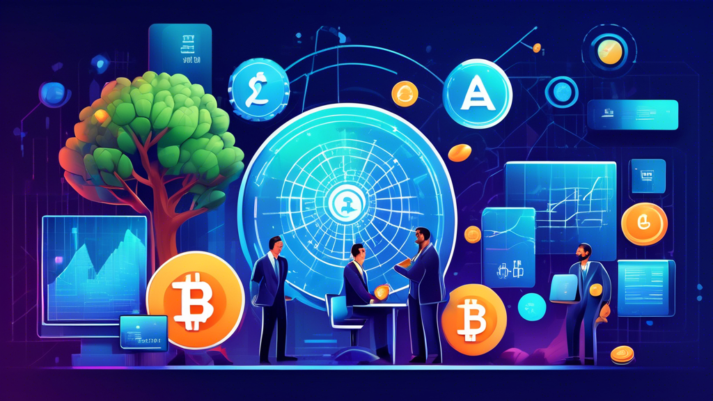 Create a digital illustration featuring a futuristic stock market scene centered around the Ape Crypto Project with various financial charts and graphs displaying positive trends. Include symbolic elements like a growing tree with coins as fruits, representing growth potential. Depict key figures like business people, analysts, and blockchain developers engaging in discussions and pointing at the screens. Incorporate logos of major companies in the background to signify partnerships and endorsements. Highlight a few warning symbols subtly to indicate potential risks and challenges. The overall color scheme should convey a sense of optimism and technological advancement.