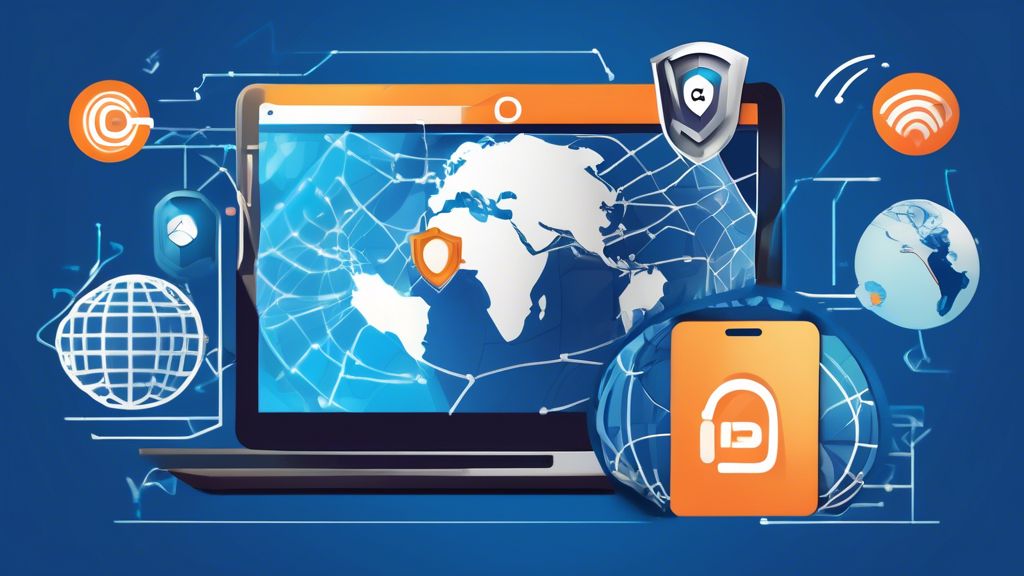 Create an image that highlights the benefits of OverPlay Smart DNS for accessing geo-blocked content. The image should depict a fast internet connection with a speedometer icon showing high speed, a variety of devices like laptops, tablets, and smartphones with the OverPlay Smart DNS logo, and an overlay of security shields to represent privacy and security. Background elements should include a globe to signify worldwide access and scattered media icons to symbolize streaming platforms.