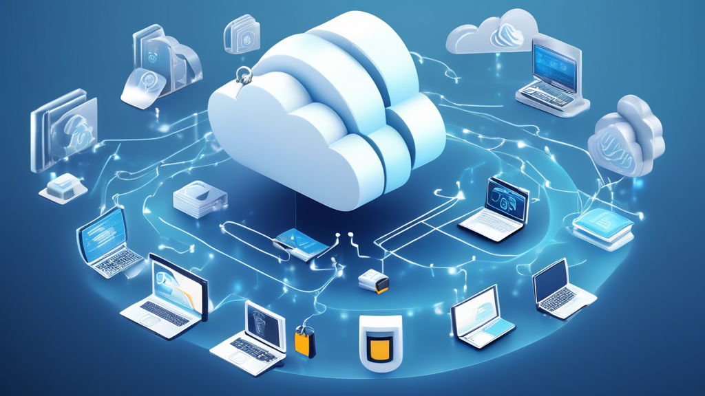 Create an image showcasing the enhanced security and data protection provided by a cloud drive. The scene should include a secured cloud with a lock symbol, multiple layers of data encryption shields, and a backup system icon. Incorporate visual elements representing data encryption and backup strategies in a modern digital environment. The overall aesthetic should convey safety, reliability, and advanced technology.