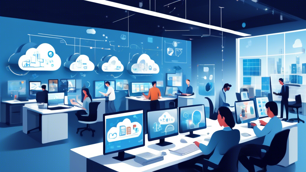 Create an image of a bustling modern office where employees are working on various devices such as laptops, tablets, and smartphones. On the screens, show graphs and charts depicting cost savings and scalable storage solutions, with icons and symbols representing the cloud. Make sure to highlight keywords like cloud drive, Kostenreduktion, and skalierbare Speicheroptionen in the background as annotations or part of the visual elements.