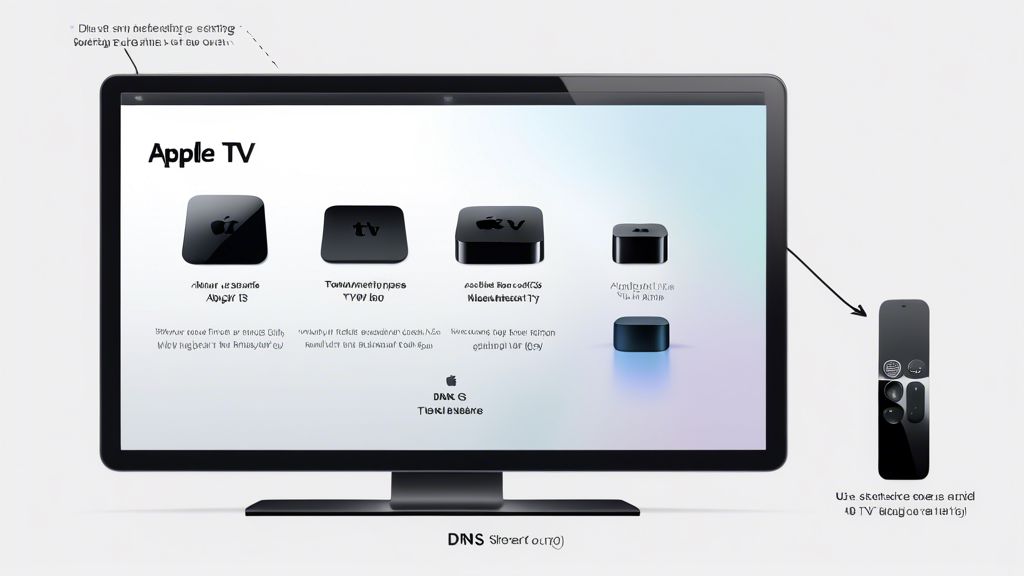 Create an image illustrating a step-by-step guide to setting up Smart DNS on Apple TV. The image should feature an Apple TV device connected to a modern TV screen, with a series of numbered steps displayed in a clear, user-friendly manner. Visuals should include the Apple TV settings menu, DNS configuration settings, and a user interacting with the remote. Include troubleshooting symbols like a question mark and gears to indicate common setup errors and troubleshooting tips. The design should be modern and tech-savvy, appealing to users looking to enhance their streaming experience.