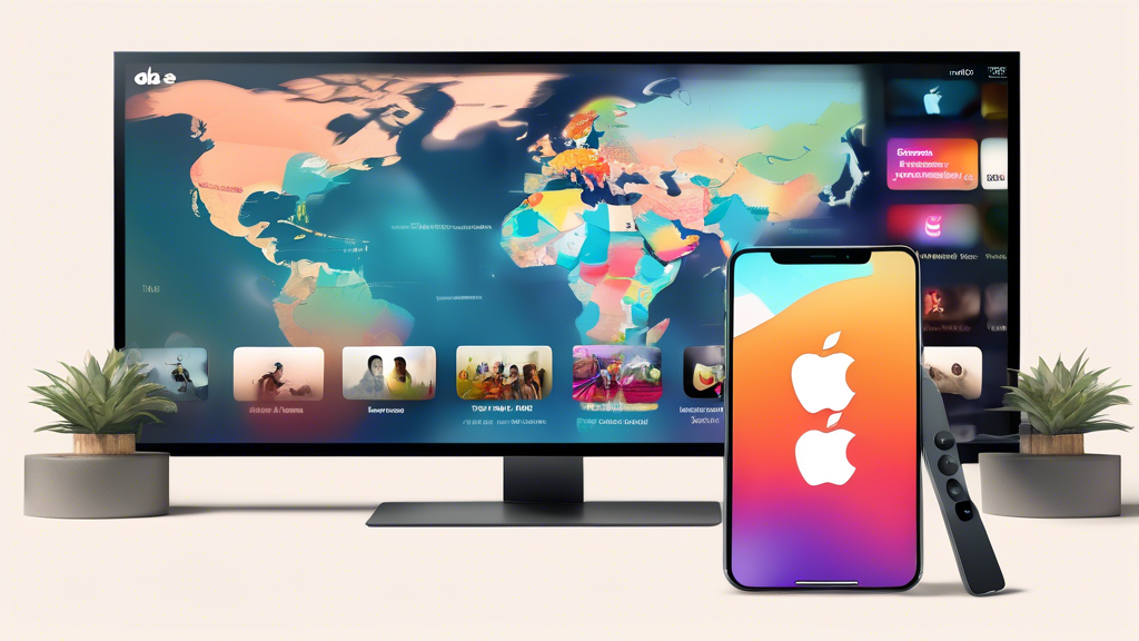 Create an image of an Apple TV interface with a section showing Smart DNS settings being customized, showcasing a world map from which geo-restricted streaming content is being accessed. The image should evoke a sense of enhanced streaming experience and security, highlighting the global connectivity and privacy benefits of using Smart DNS on Apple TV.