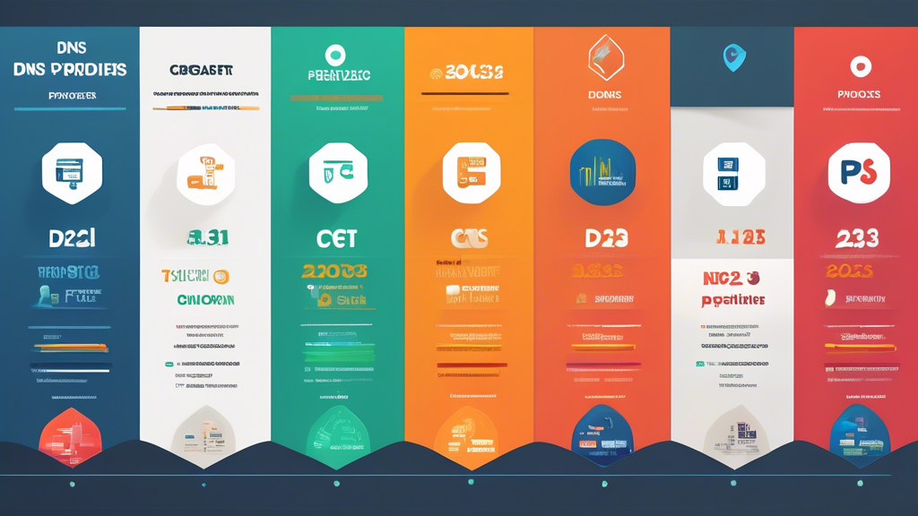 Create an image showing a sleek, modern chart or infographic comparing top smart DNS providers in 2023. The graphic should have columns for Provider, Strengths, Weaknesses, User Ratings, and Pricing. Use vibrant colors and modern fonts to make it visually appealing, and include icons or symbols representing performance, security, and cost for quick visual reference. The background should be a subtle tech-themed pattern.